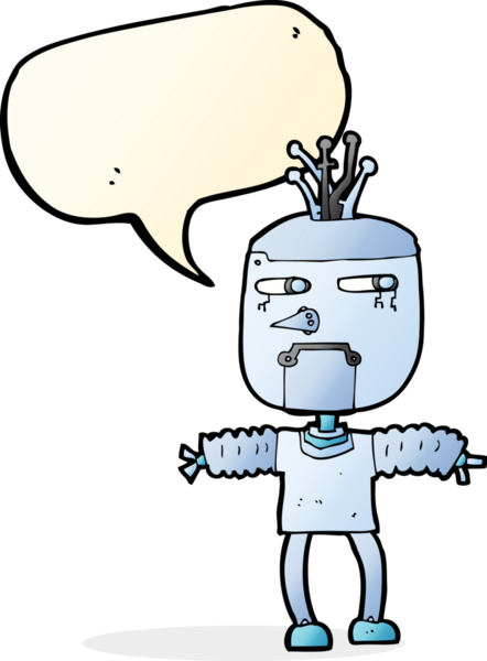 Bir insan tarafından çizilmiş konuşma balonu olan çizgi film robotu.