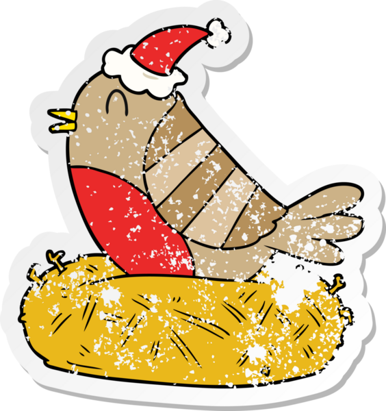 Bir insan tarafından çizilmiş Noel Baba şapkası giymiş, yuvada oturan bir kuş resmi.