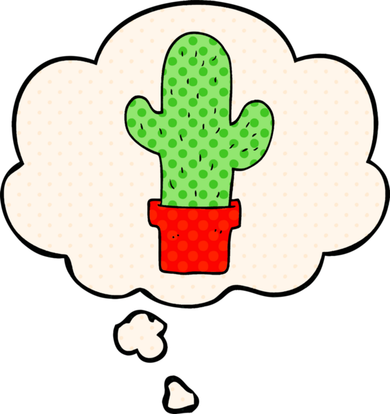 Çizgi roman tarzında bir insan tarafından çizilmiş düşünce baloncuklu çizgi film kaktüsü.
