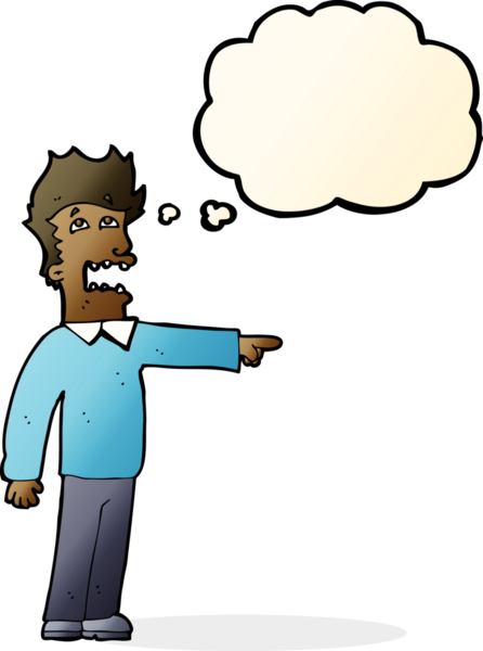 Bir insan tarafından çizilen düşünce baloncuğuyla suçlanan çizgi film adamı.