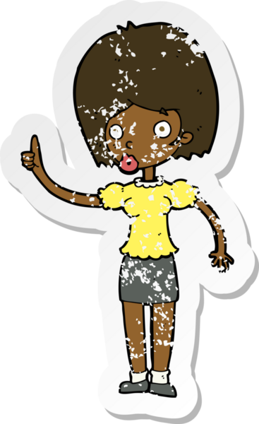 İnsan tarafından çizilmiş bir fikri olan karikatür bir kadının gerilimli retro yapıştırması.