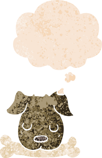 Düşünce baloncuklu, kemikli çizgi film köpeği grunge sıkıntılı retro dokuma tarzı bir insan tarafından çizilmiş.