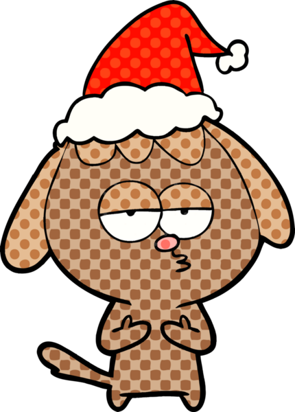 Bir insan tarafından çizilmiş Noel Baba şapkası takan sıkılmış bir köpeğin el çizimi çizgi roman tasviri.