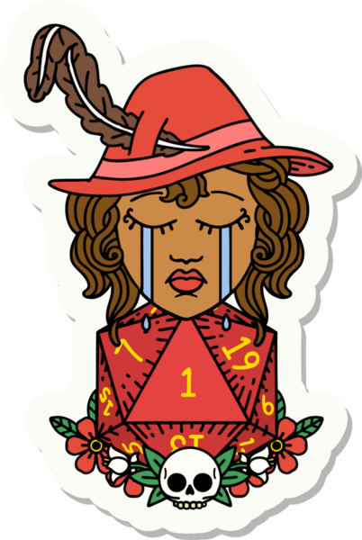 Ağlayan bir insan şairin çıkartması ve bir insan tarafından çizilmiş doğal bir D20 zar.