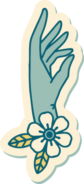 Bir insan tarafından çizilmiş geleneksel el ve çiçek stili dövme çıkartması.