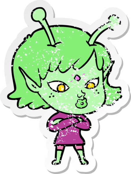 Bir insan tarafından çizilmiş güzel uzaylı bir kızın sıkıntılı çıkartması.