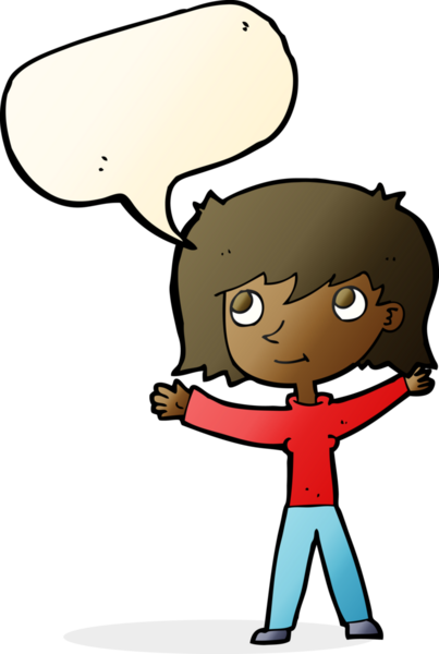 Bir insan tarafından çizilmiş konuşma balonlu mutlu kız çizgi filmi.