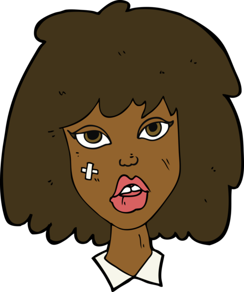 Bir insan tarafından çizilmiş yüzü morarmış bir çizgi film kadını.