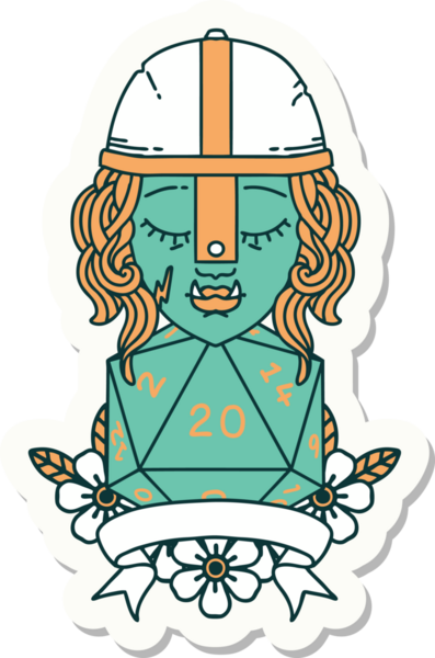 Bir insan tarafından çizilmiş 20 zarlı yarım ork savaşçısının çıkartması.