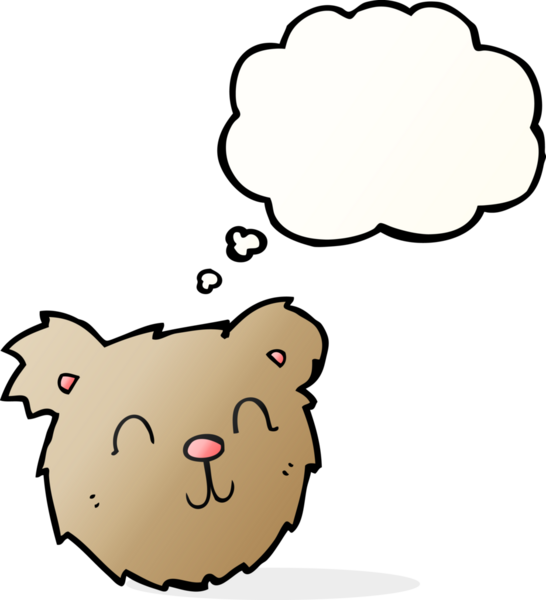 Bir insan tarafından çizilmiş düşünce baloncuklu mutlu oyuncak ayı suratı.