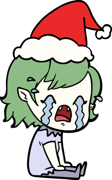 Bir insan tarafından çizilmiş Noel Baba şapkası takan ağlayan vampir bir kızın el çizimi.