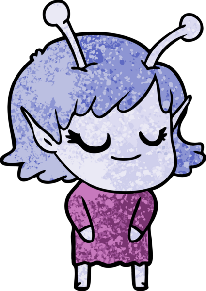 Bir insan tarafından çizilmiş gülümseyen uzaylı kız çizgi filmi.