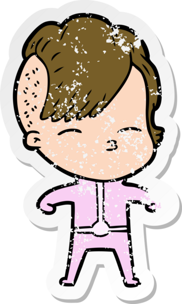 Bir insan tarafından çizilmiş fütüristik giysiler giyen bir çizgi film kızının sıkıntılı çıkartması.