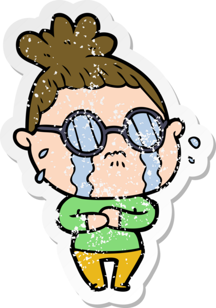 Bir insan tarafından çizilmiş gözlüklü, ağlayan bir karikatür çıkartması.