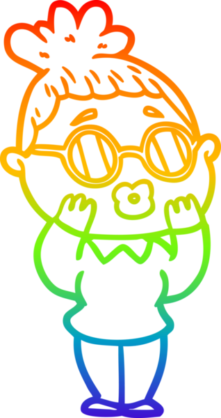 Bir insan tarafından çizilmiş gözlük takan bir karikatür kadının çizimi.