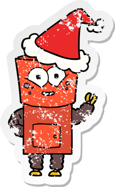 Mutlu el çizilmiş hüzünlü bir robot çizimi merhaba diyor Noel Baba şapkası giymiş bir insan tarafından çizilmiş