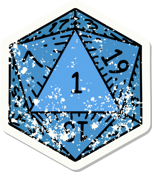 Bir insan tarafından çizilmiş 1 D20 zarının grunge sticker 'ı