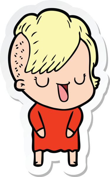 Hipster saç kesimi bir insan tarafından çizilmiş şirin bir çizgi film kızına ait etiket.