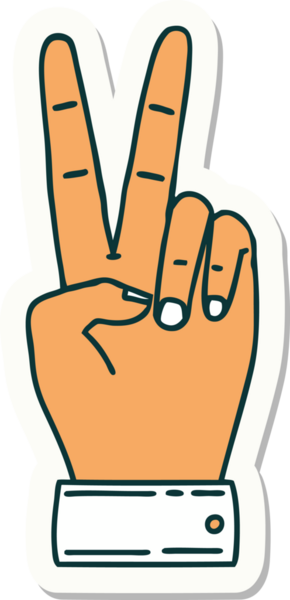 Barış sembolünün çıkartması. Bir insan tarafından çizilmiş iki parmak el hareketi.