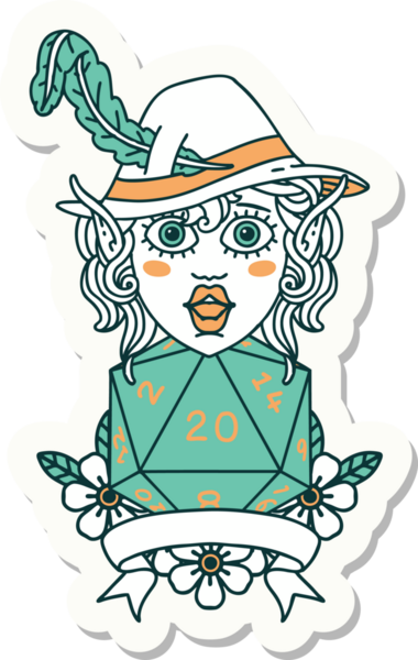 Bir insan tarafından çizilmiş 20 zarlı elf şairinin çıkartması.