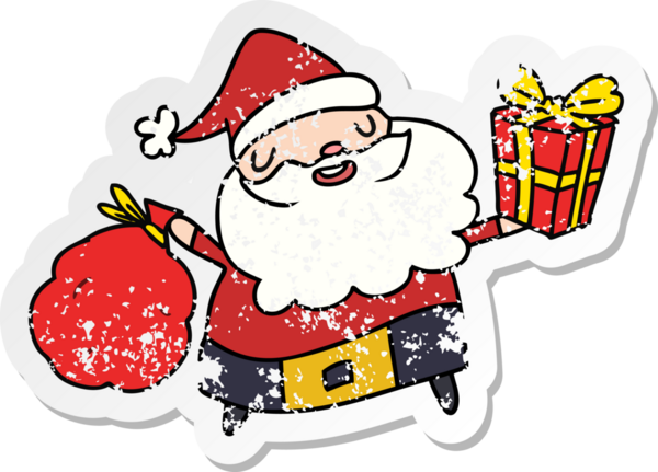 Bir insan tarafından çizilmiş Kawaii Noel Baba 'nın sıkıntılı yılbaşı çıkartması.