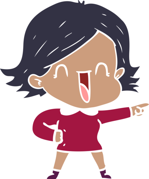 Bir insan tarafından çizilmiş düz renkli çizgi film gülen kadın.