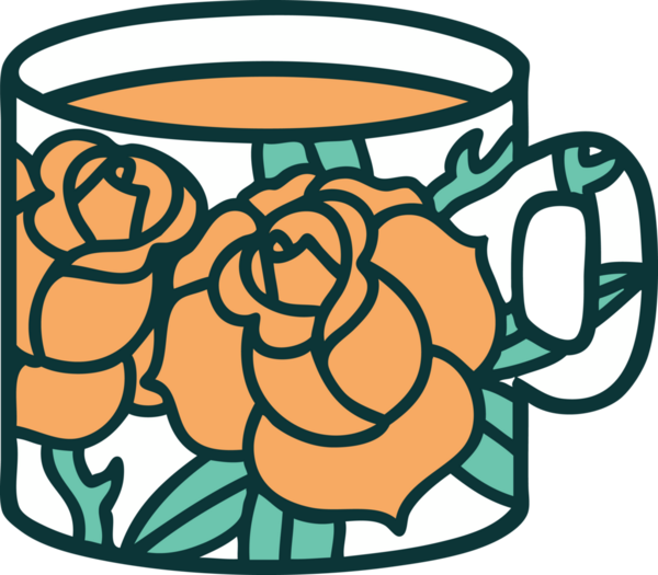 Bir fincan ve bir insan tarafından çizilmiş çiçeklerin ikonik dövme şekli