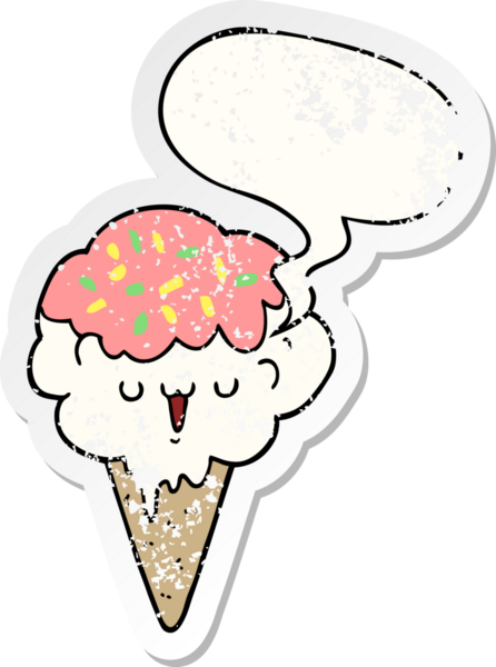 Konuşma balonlu çizgi film dondurması bir insan tarafından çizilmiş sıkıntılı eski bir çıkartma