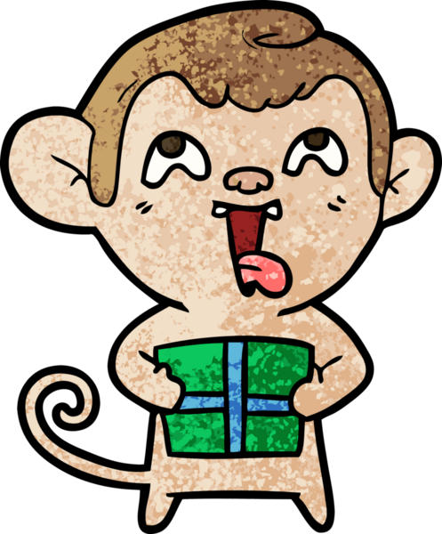 Bir insan tarafından çizilmiş Noel hediyesi olan çılgın çizgi film maymunu.