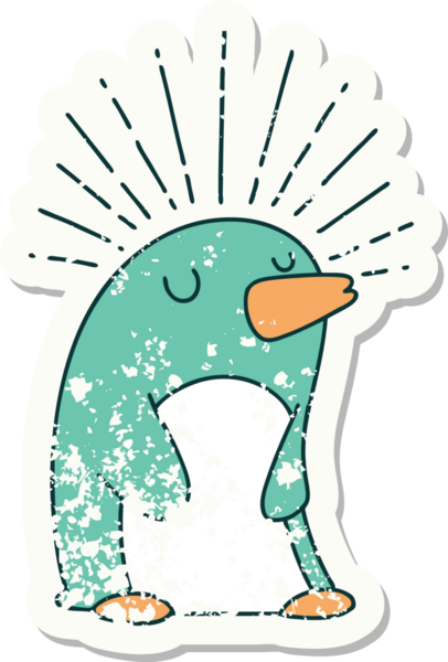 Dövme stili eski bir çıkartma. Bir insan tarafından çizilmiş mutlu penguen.