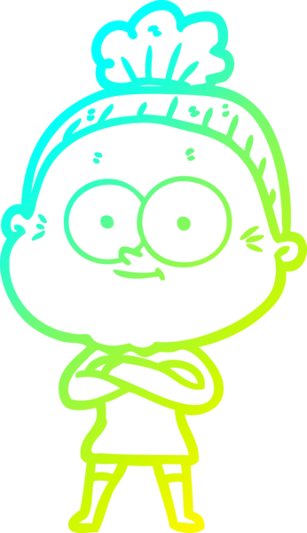 Bir insan tarafından çizilmiş, mutlu, yaşlı bir kadının çizimi.