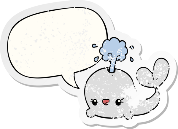 Konuşma baloncuğu olan şirin bir balina, bir insan tarafından çizilmiş sıkıntılı eski bir çıkartma.