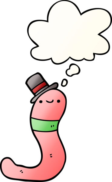 Bir insan tarafından çizilmiş yumuşak eğimli düşünce baloncuklu şirin çizgi film solucanı.