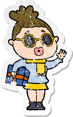 Bir insan tarafından çizilmiş güneş gözlüğü takan karikatürlü bir kadının sıkıntılı çıkartması.