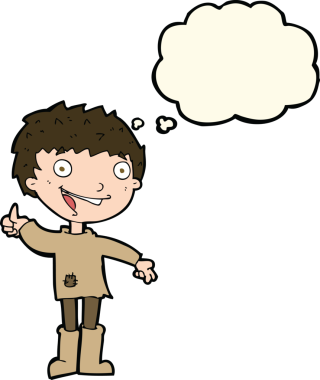 Bir insan tarafından çizilmiş düşünce baloncuğu olan heyecanlı çocuk.