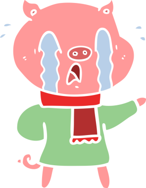 Bir insan tarafından çizilmiş insan kıyafetleri içinde ağlayan, yassı domuz tarzı çizgi film.