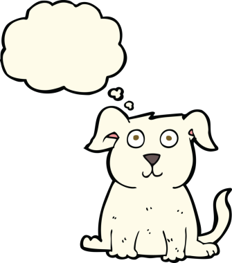 Bir insan tarafından çizilmiş düşünce balonlu mutlu bir köpek.