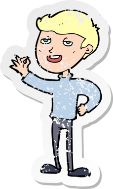 Bir insan tarafından çizilmiş mükemmel bir jest yapan karikatürcü bir adamın gerilimli retro yapıştırması.