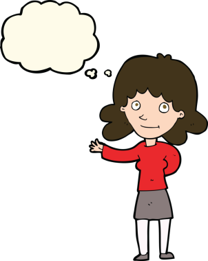 Bir insan tarafından çizilmiş düşünce baloncuğu olan çizgi film dostu kadın.