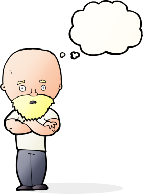 Karikatür, sakallı kel adamı şok etti. Düşünce baloncuğu insan tarafından çizildi.