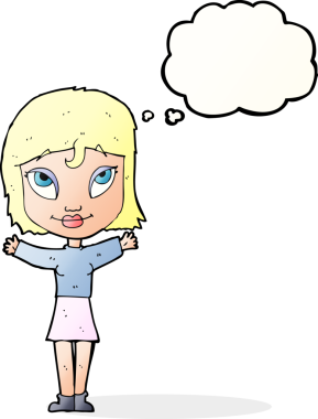 Bir insan tarafından çizilmiş düşünce balonlu açık kollu çizgi film kadını.