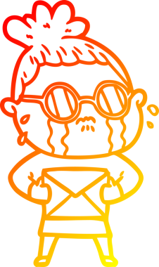 Bir insan tarafından çizilmiş gözlüklü, ağlayan bir kadının çizgi film çizimi.