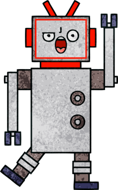Bir insan tarafından çizilmiş kızgın bir robotun retro grunge desen karikatürü