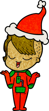 Uzay elbisesi içindeki bir kızın insan tarafından çizilmiş Noel Baba şapkası giydiği mutlu el çizimi bir çizgi film.