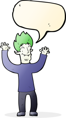 Bir insan tarafından çizilmiş konuşma balonlu mutlu vampir adam çizgi filmi.