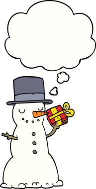 Bir insan tarafından çizilmiş düşünce balonlu bir kardan adam.