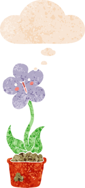 Düşünce baloncuğu ve grunge ile sevimli karikatür çiçek bir insan tarafından çizilmiş sıkıntılı retro doku