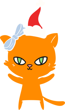 Bir insan tarafından çizilmiş Noel Baba şapkası takan bir kedinin düz renk çizimi.