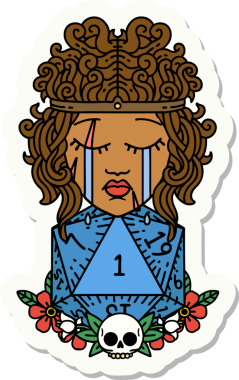 Bir insan tarafından çizilmiş doğal bir d20 rulo ile ağlayan bir insan barbarının çıkartması.