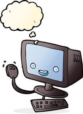 Bir insan tarafından çizilmiş düşünce baloncuklu çizgi film bilgisayarı.